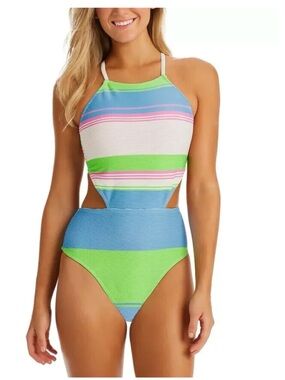 NWT Jessica Simpson Striped Cutout One-Piece Swimsuit Blue, White & Green XL